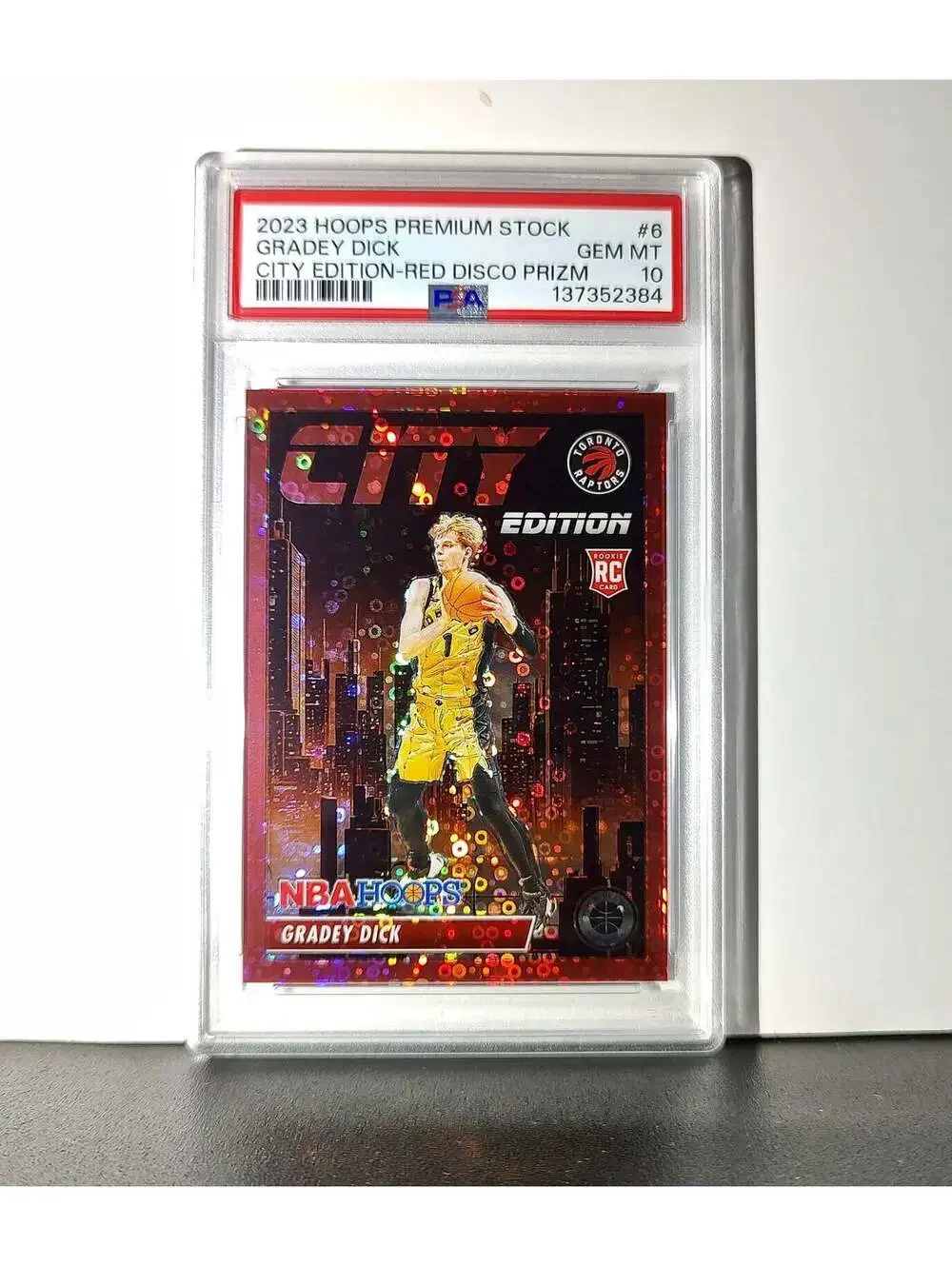 Gradey Dick 2023 Panini Hoops Premium City Edition #6 Red Disco Prizm PSA 10 Gem